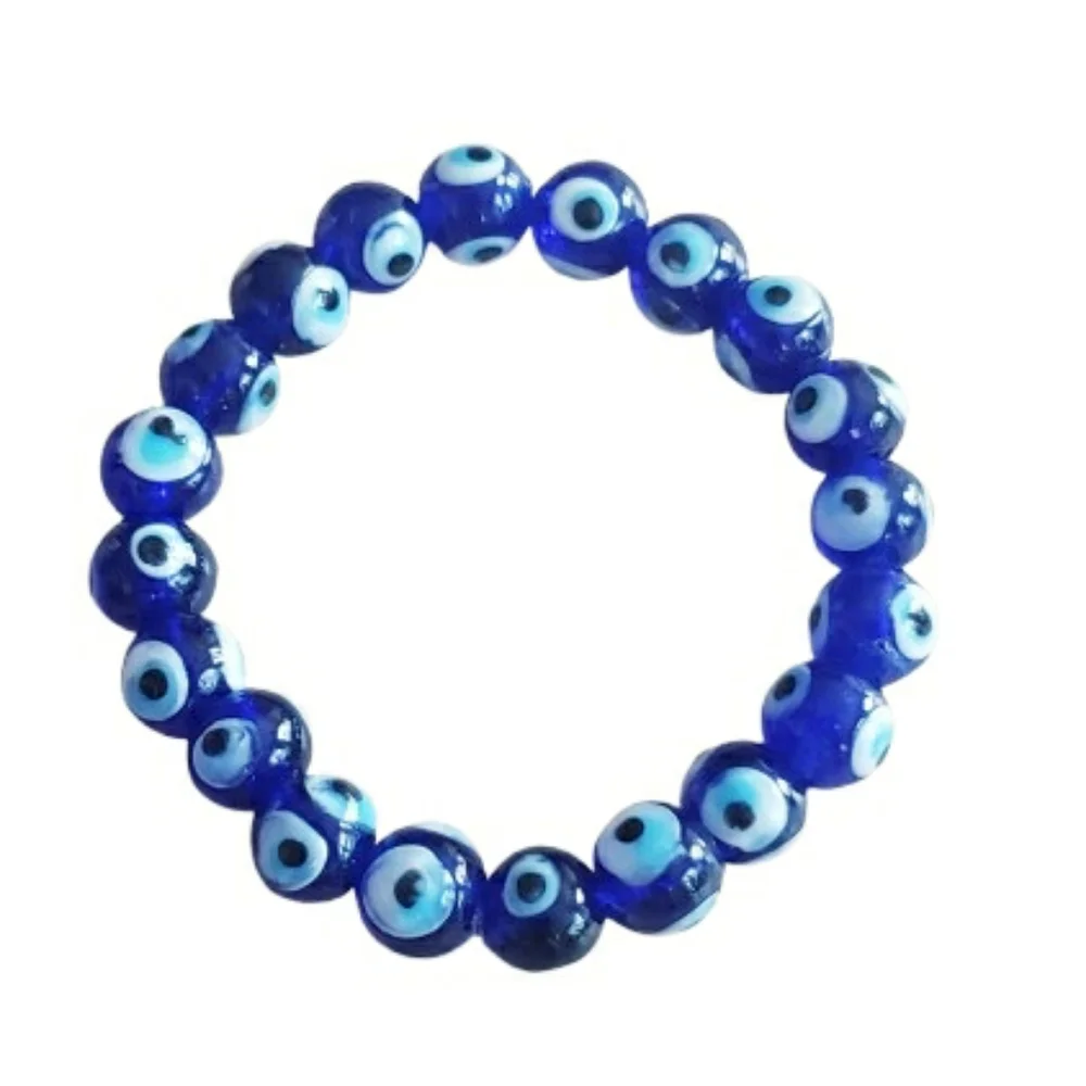 Glass Blue Evil Eye Stretchy Beaded Bracelet